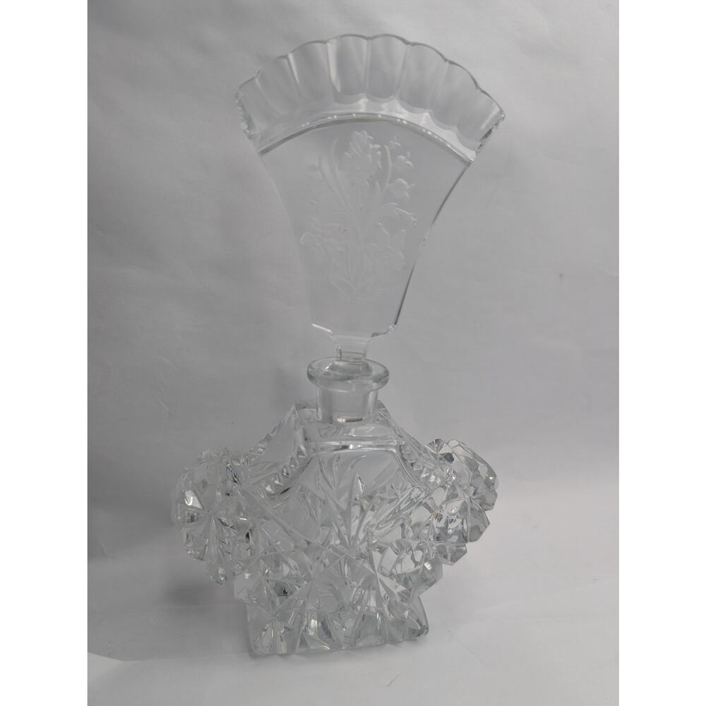 Vintage Cut Glass Perfume Bottle w/ Etched Floral Stopper Clear Decorative
